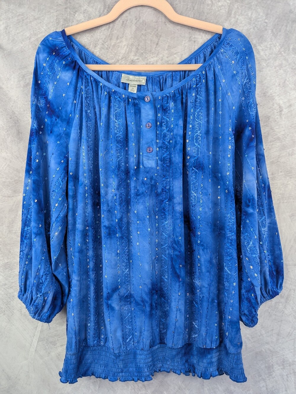 Dressbarn Woman Blue Tie Dye Sequin Peasant Blouse Plus Size 2X Boho Sparkle